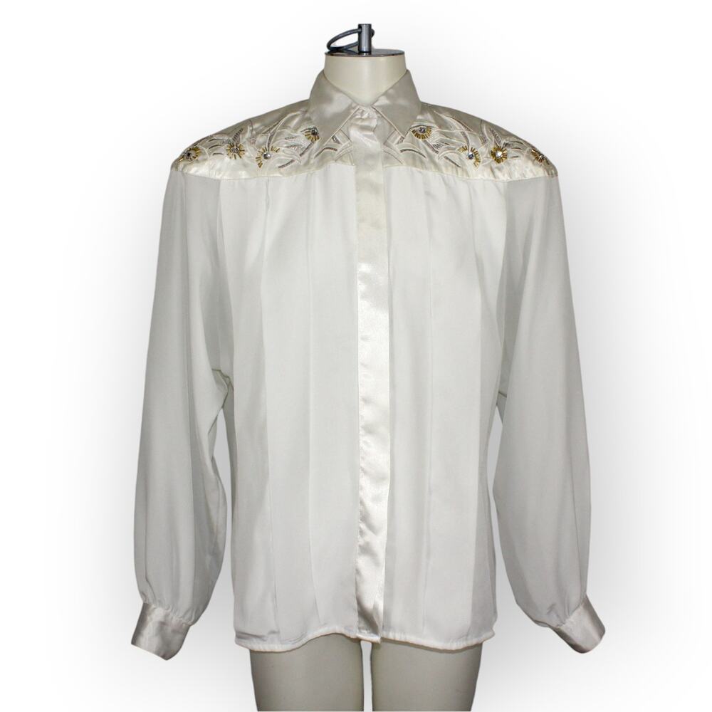 Vintage Erena by Irene Koenig Satin Blouse Ivory Embellished Yoke 80s XS/S - Picture 6 of 16